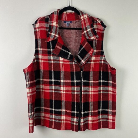 Chaps Red Plaid Vest Womens 2X Asymmetric Zip Sleeveless Knit - Picture 1 of 10